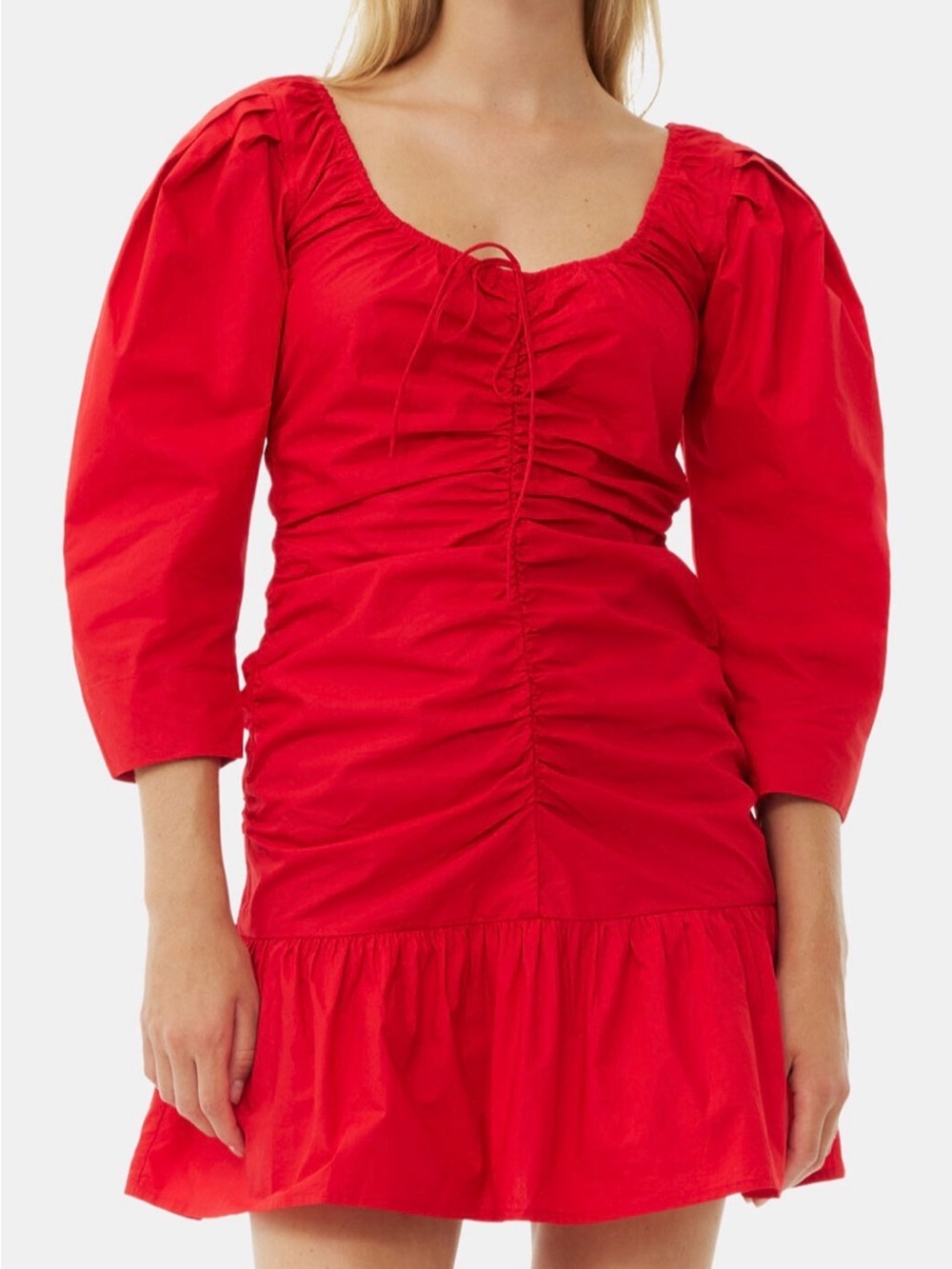 Ganni Red Cotton Poplin Gathered U-neck Mini Dress
